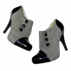 Vegan Patent Leather and Suede Heel Bootie Black 7